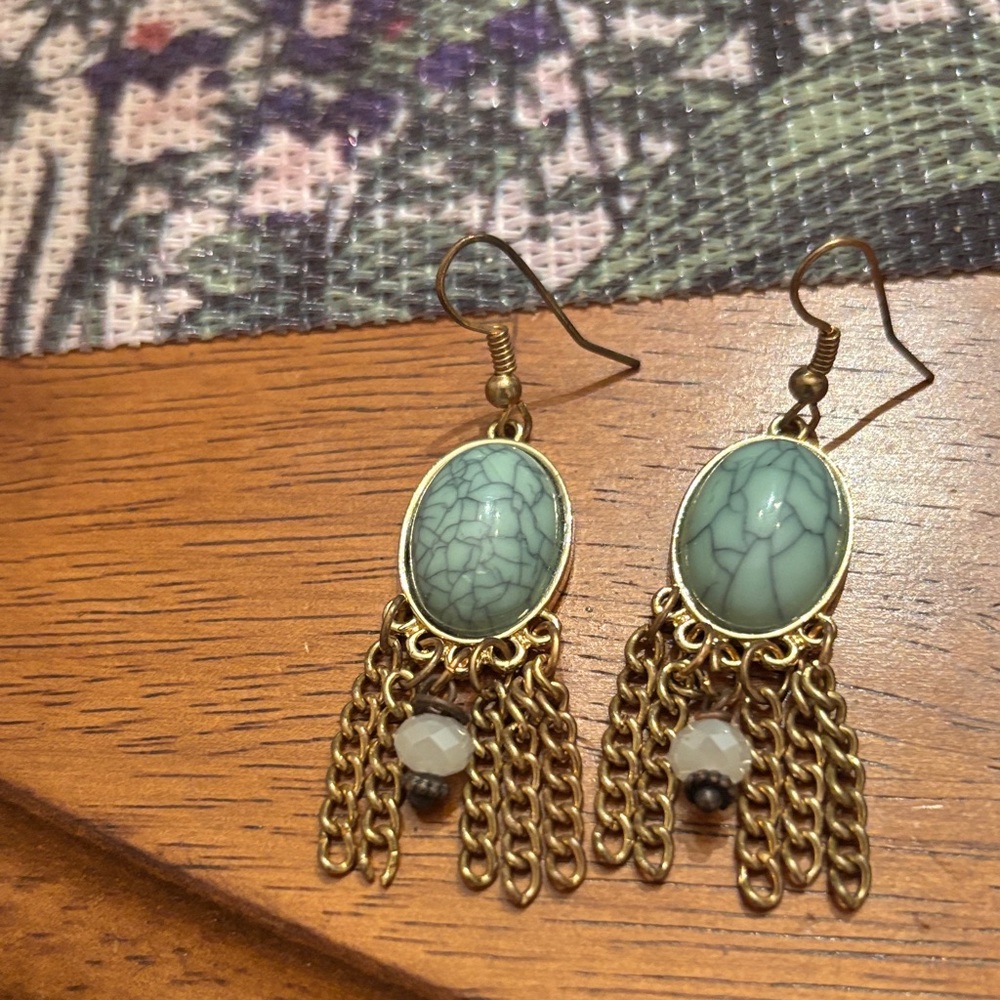 Gold-Tone Turquoise Crackle Oval Dangle 
 Earrings